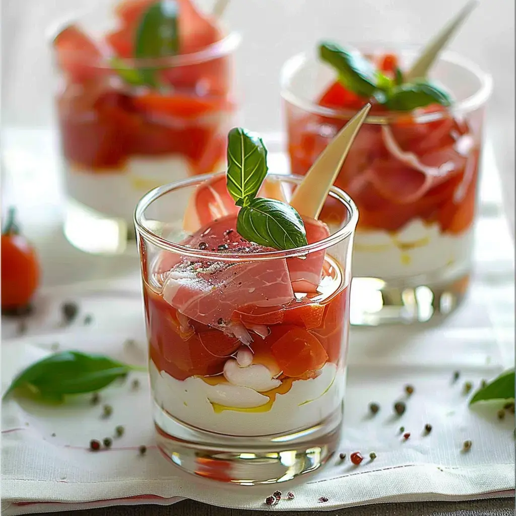 Gläser mit Schichten aus Tomaten, Frischkäse und Schinken, dekoriert mit Basilikumblättern.