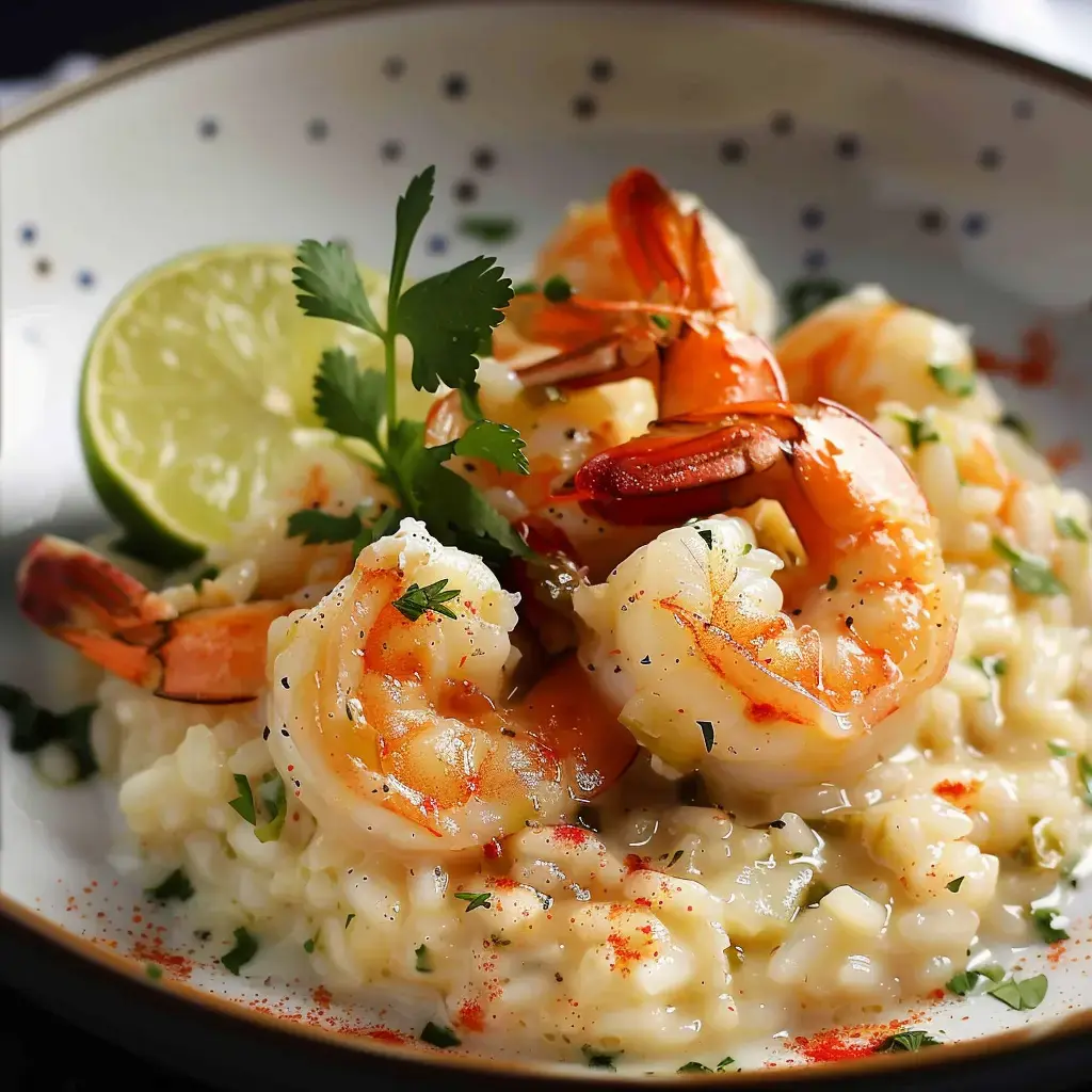 Ein Teller cremiges Risotto mit Garnelen, garniert mit einer Limettenscheibe und frischem Koriander.