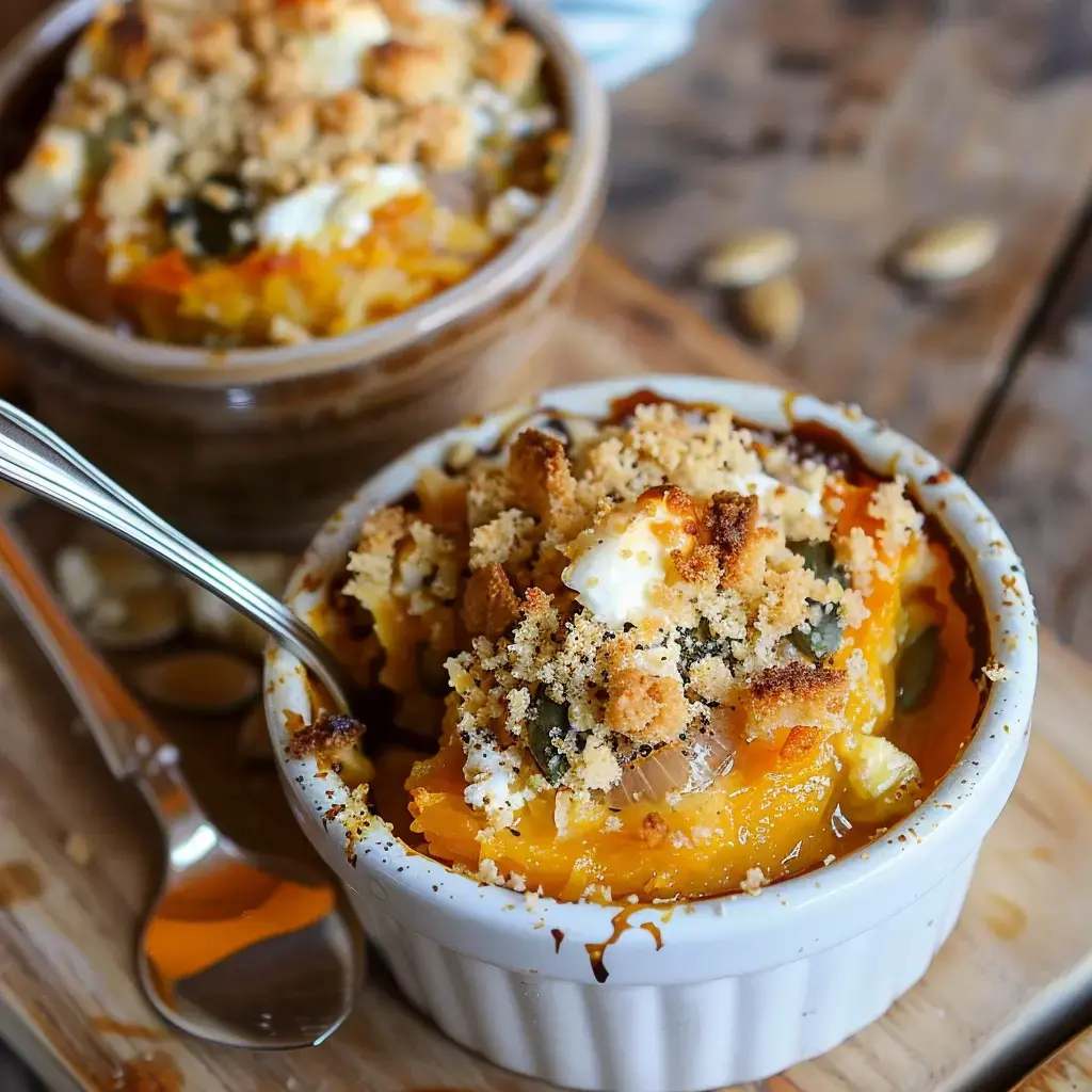 Einzelne Förmchen mit gebackenem Kürbis und goldbraunem Crumble auf einem Holzbrett serviert.