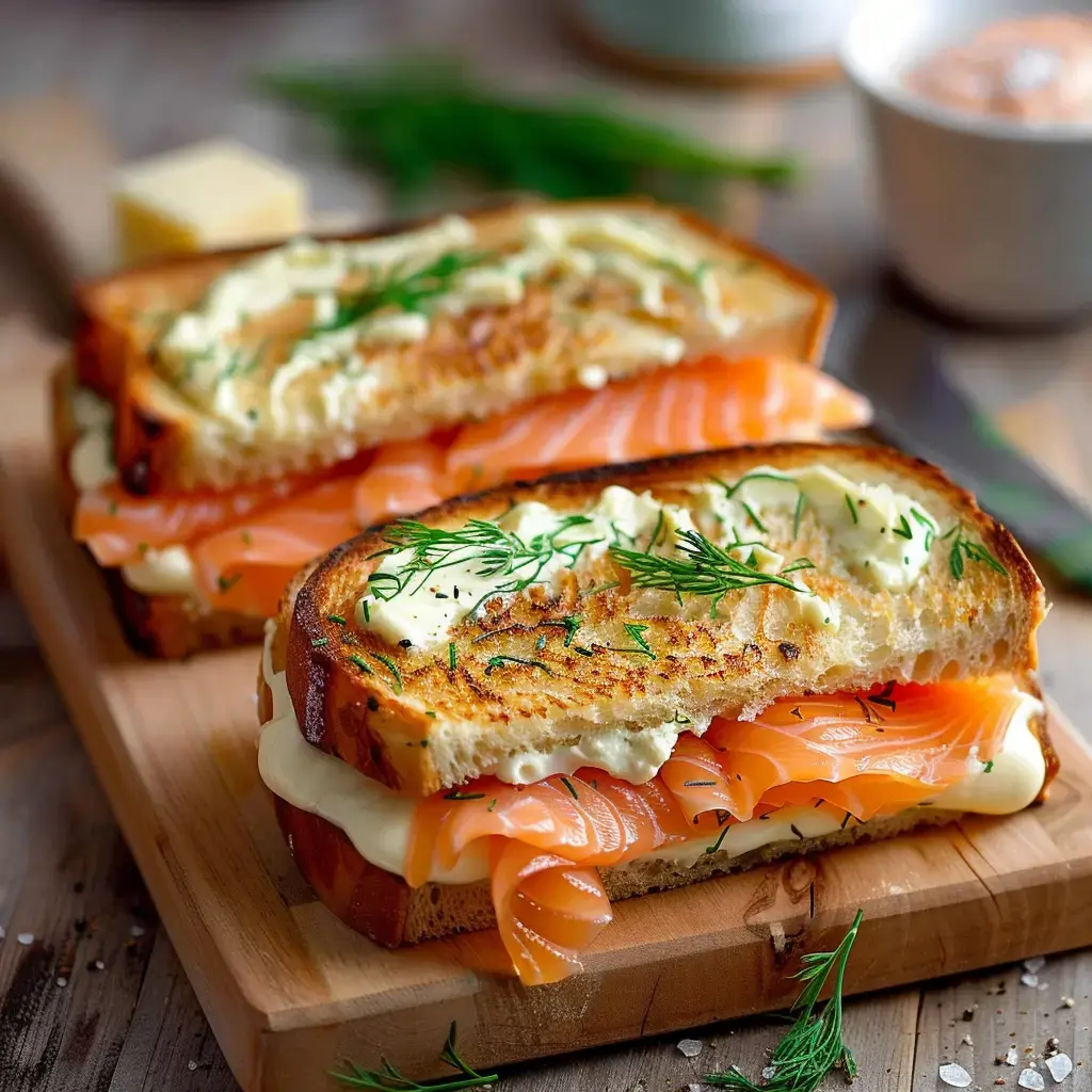 Zwei goldbraun getoastete Sandwiches mit Räucherlachs und cremiger Füllung, auf einem Holzbrett angerichtet, während frischer Dill daneben liegt.