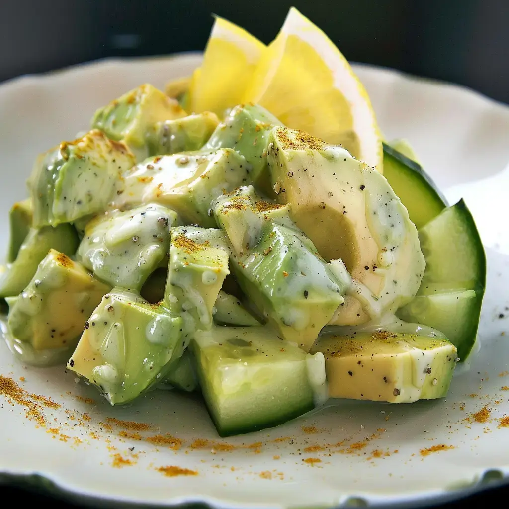 Frischer Salat mit Avocado, Gurke und einem spritzigen Currydressing.