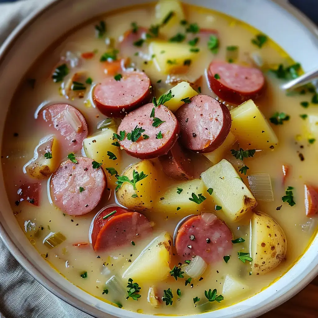 Eine cremige Suppe mit Wurststücken, Kartoffeln und frischen Kräutern.