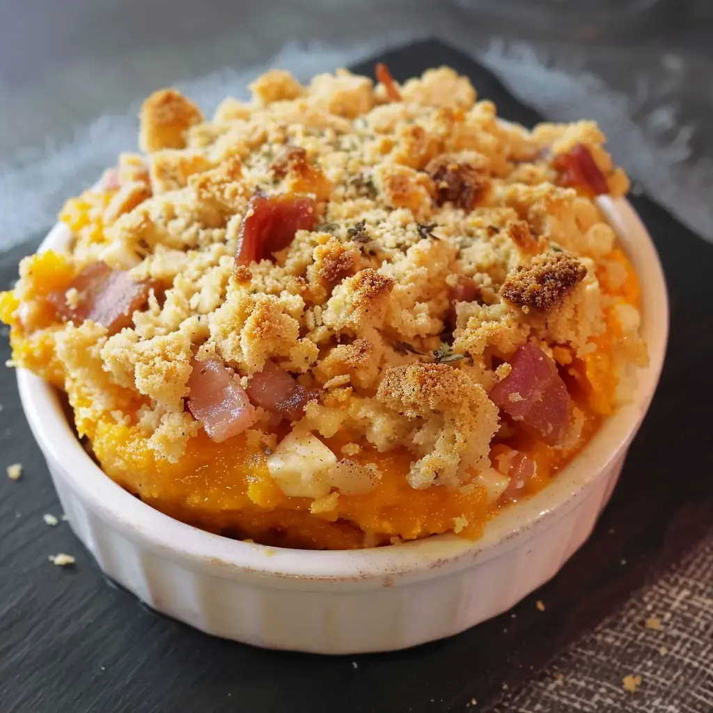 Ein ofenfrisches Gericht mit zartem Kürbispüree, Speckstücken und knusprigem Topping aus Semmelbröseln.