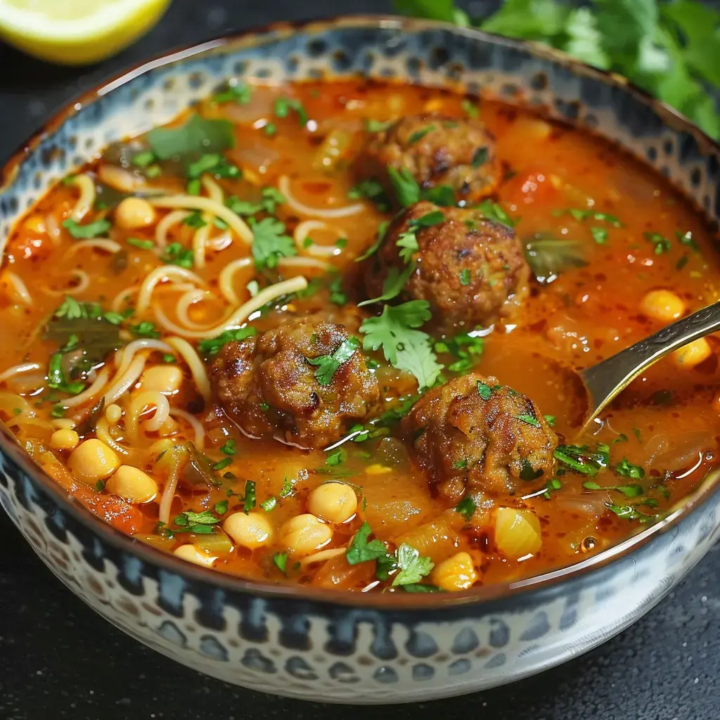 Eine dampfende Schüssel Suppe mit Fleischklößchen, Nudeln und Kichererbsen, dekoriert mit frischer Petersilie.