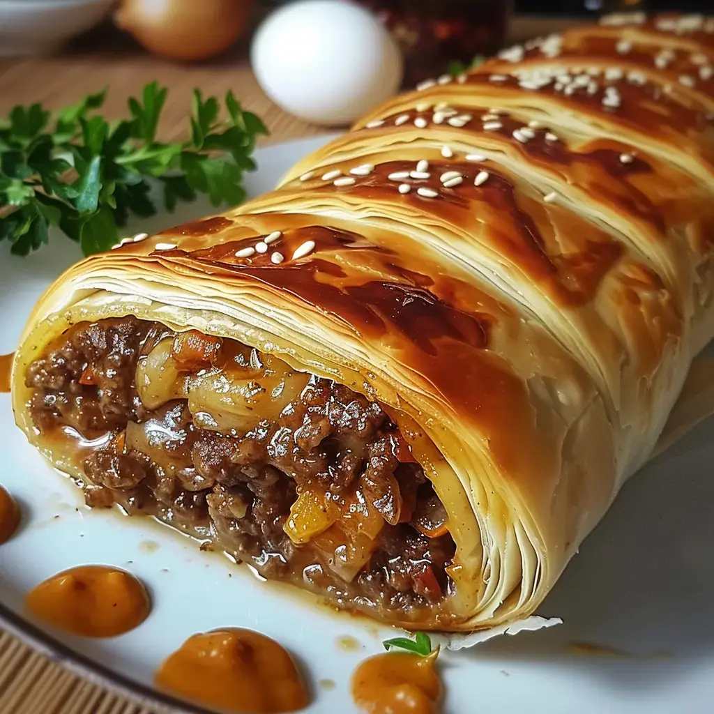 Goldbraune Blätterteigrolle mit Hackfleischfüllung und Käse, serviert mit Sauce und Sesam.