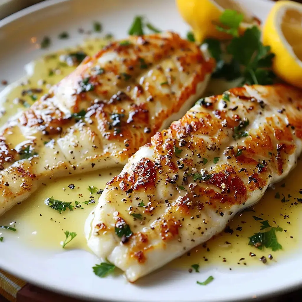 Zwei gebratene Fischfilets mit Buttersoße, garniert mit Petersilie und Zitronenscheiben, auf einem Teller serviert.