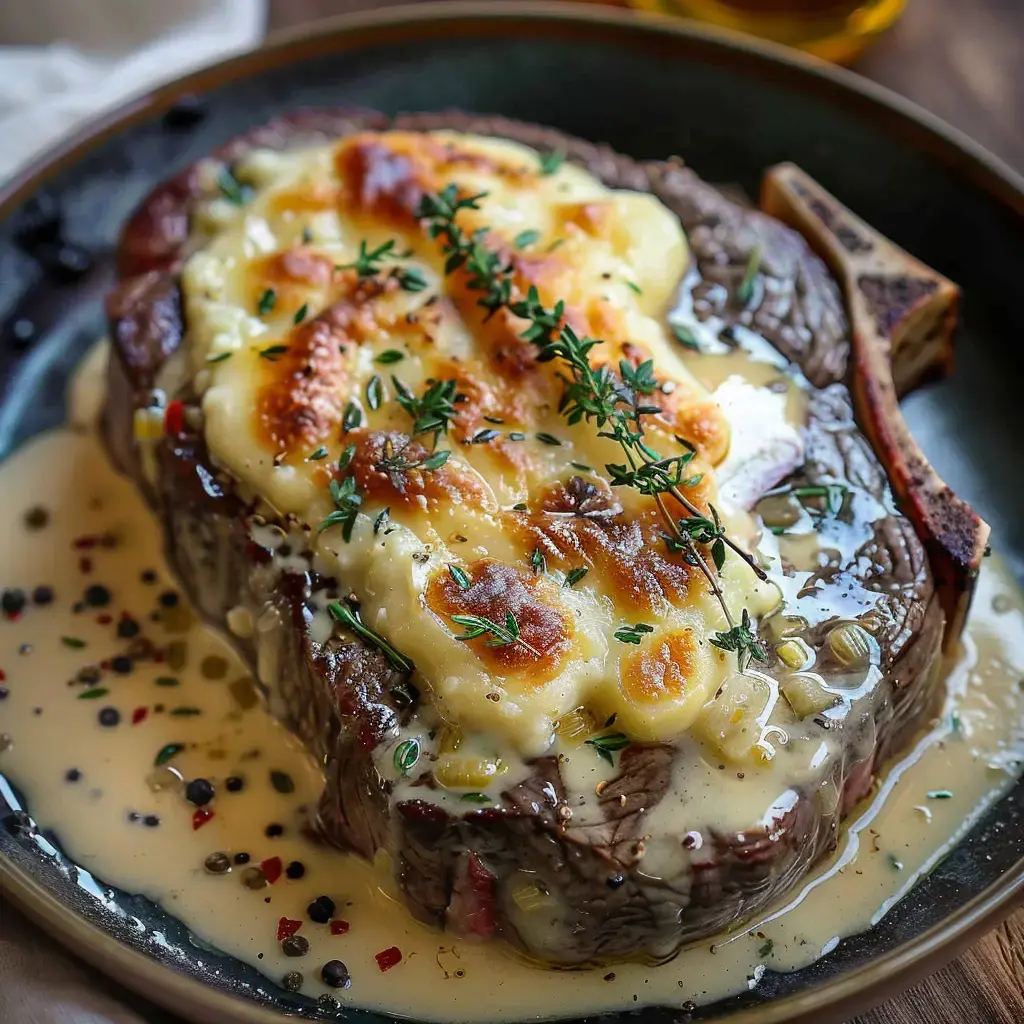 Ein Teller mit saftigem Rindfleisch, cremig gratiniertem Béchamel und Thymian, serviert in einer aromatischen Sauce.