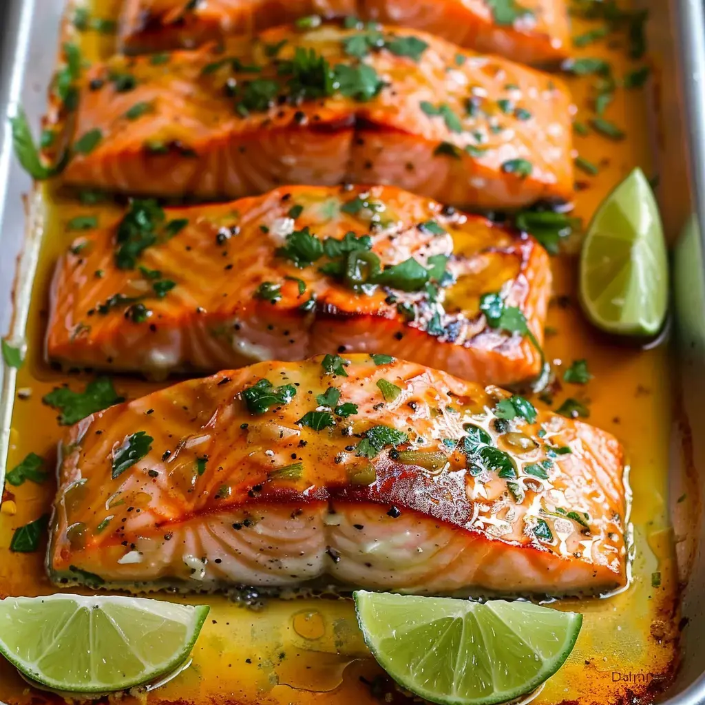Gegrillte Lachsfilets mit Koriandergarnitur und Limettenvierteln.