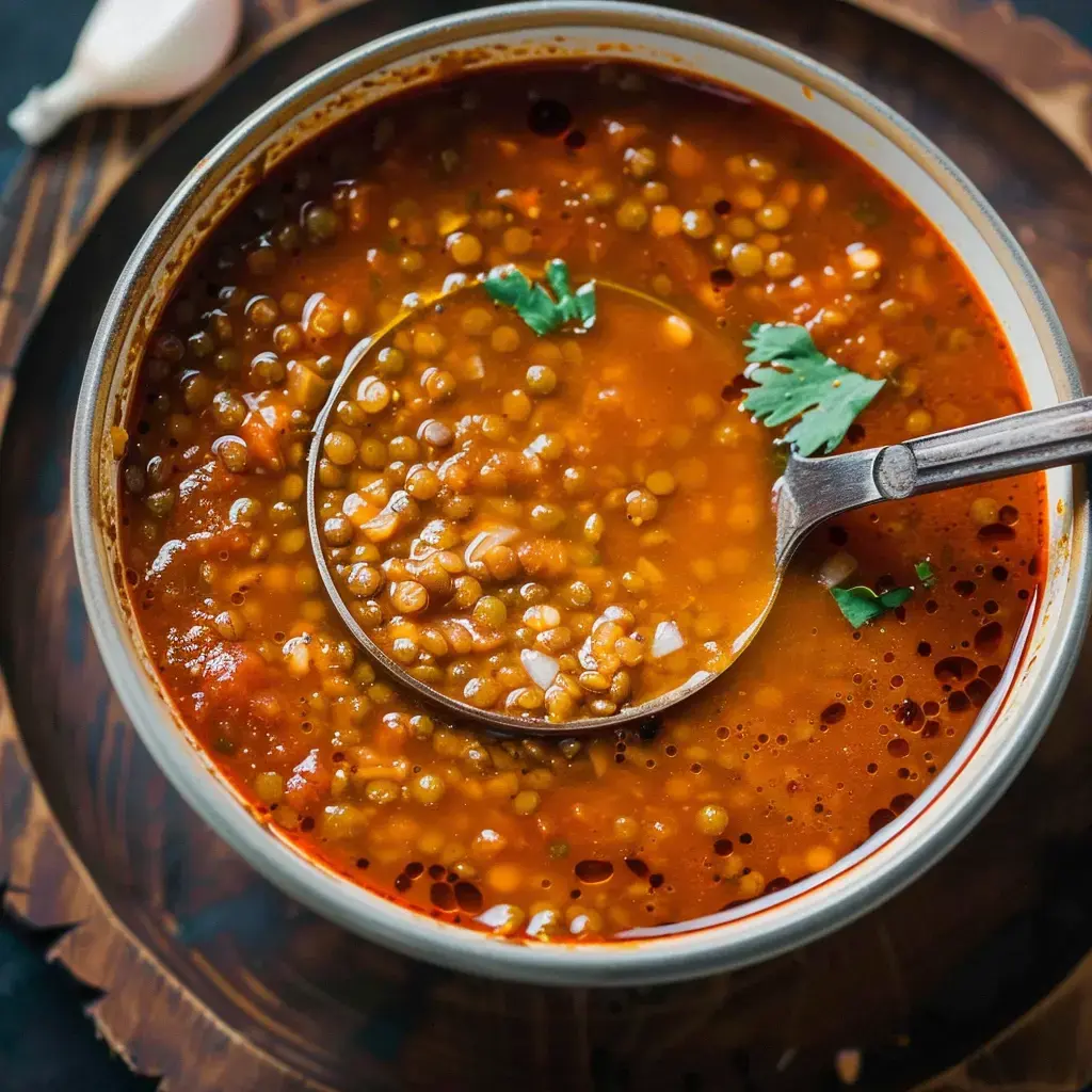 Eine Schale Linsensuppe mit frischem Koriander darauf und einem Metalllöffel daneben.