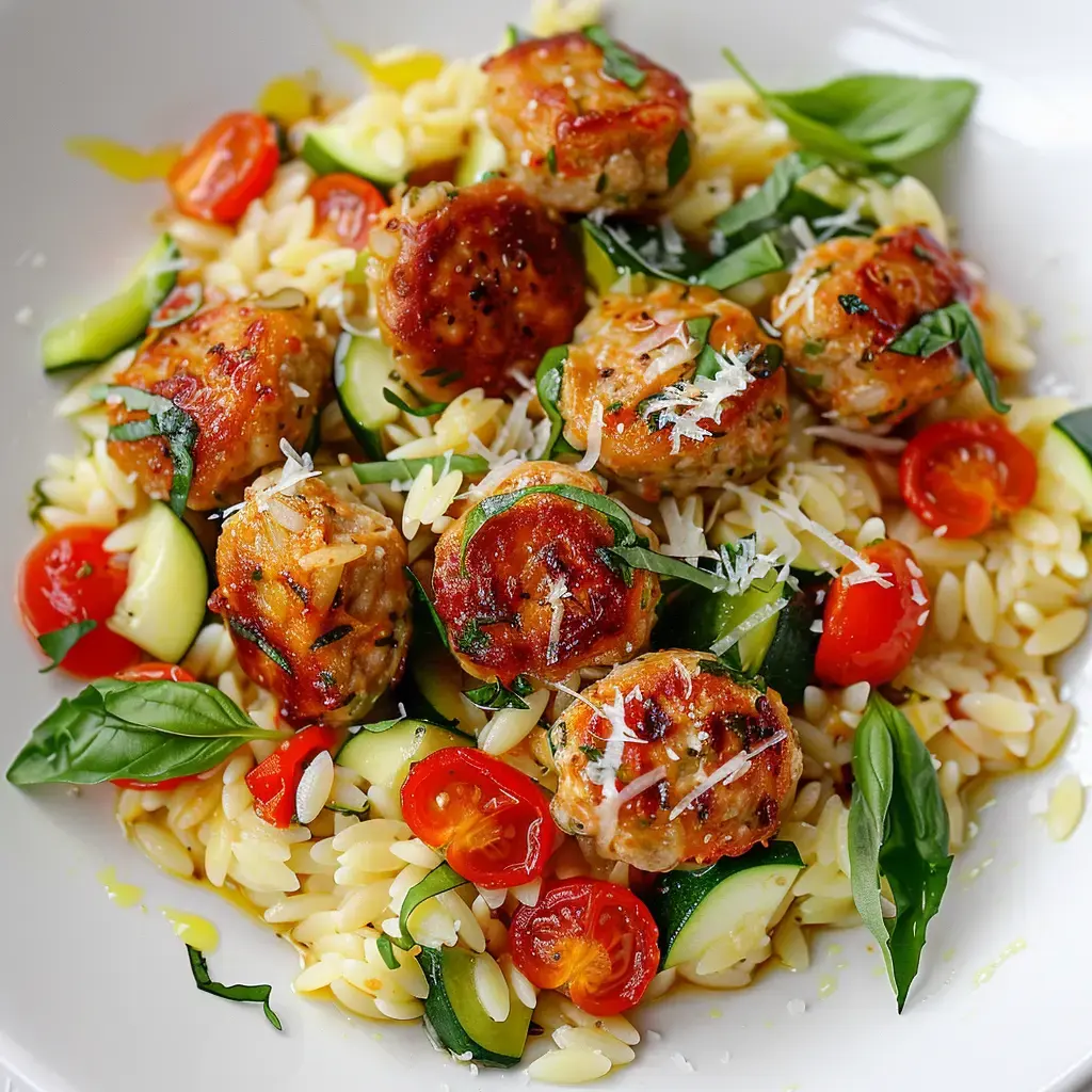 Ein Teller Pasta-Risotto mit Fleischkugeln, Kirschtomaten, Zucchini und frischem Basilikum.