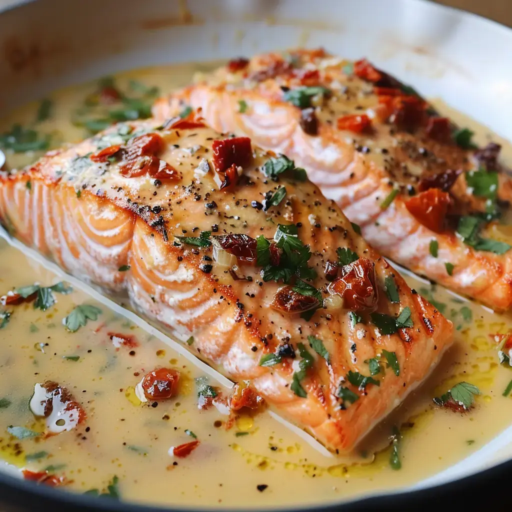 Zwei zarte Lachsfilets in einer cremigen Sauce, garniert mit getrockneten Tomaten und frischer Koriander.
