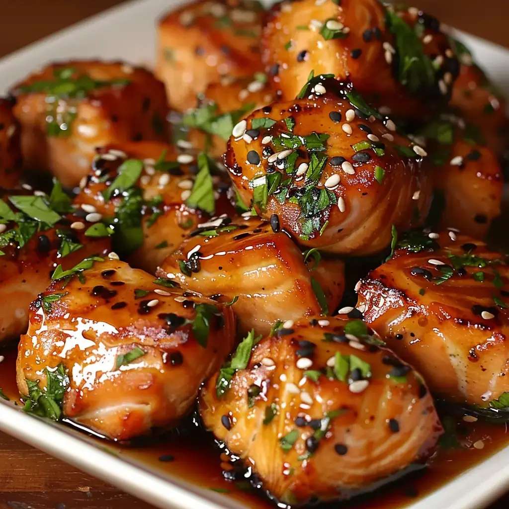 Glänzende Lachsstücke mit frischen Kräutern und Sesam, umhüllt von einer würzigen Sauce.