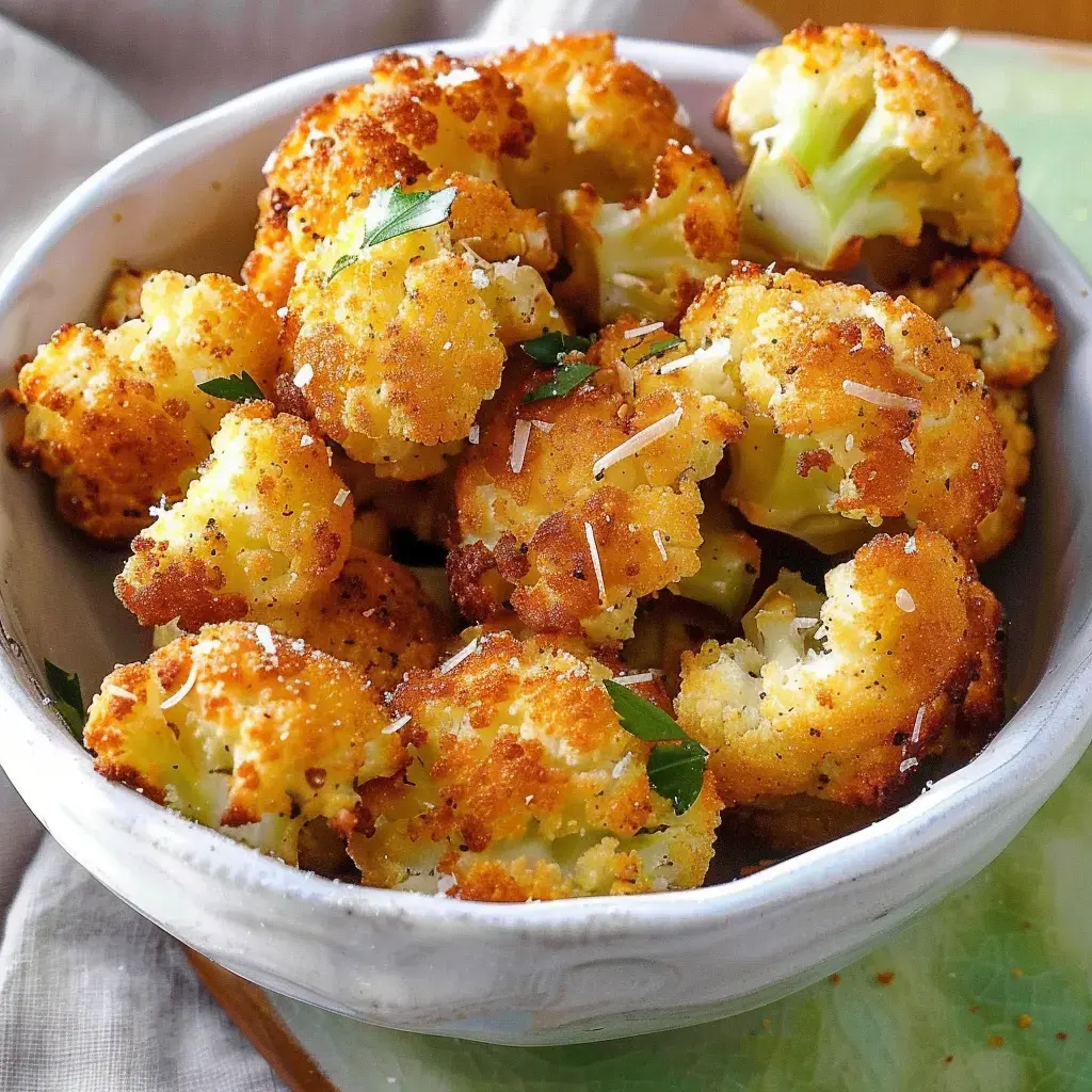 Eine Schüssel mit goldbraunen, knusprigen Blumenkohlstücken, garniert mit Petersilie und Parmesan.
