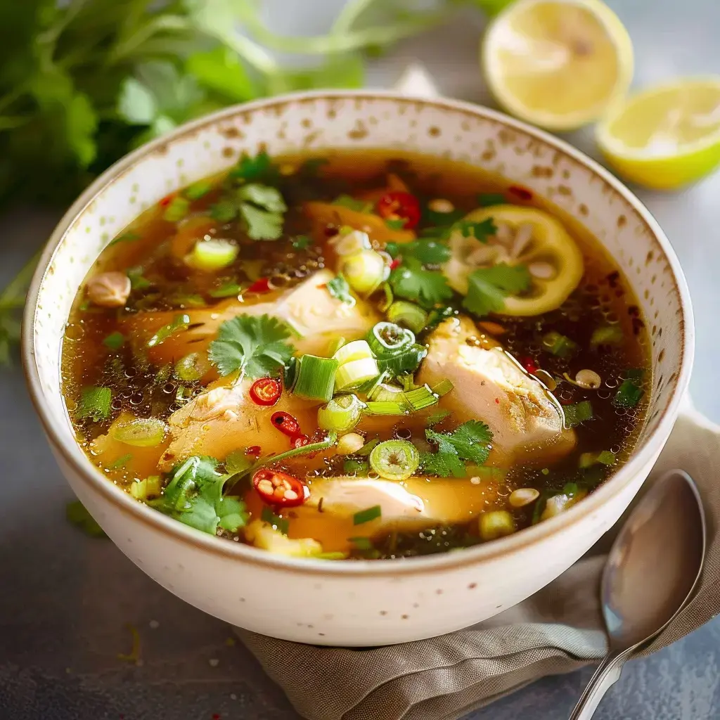 Schale mit heißer Hühnersuppe, garniert mit Koriander, Frühlingszwiebeln und Chili, daneben Zitronenspalten.