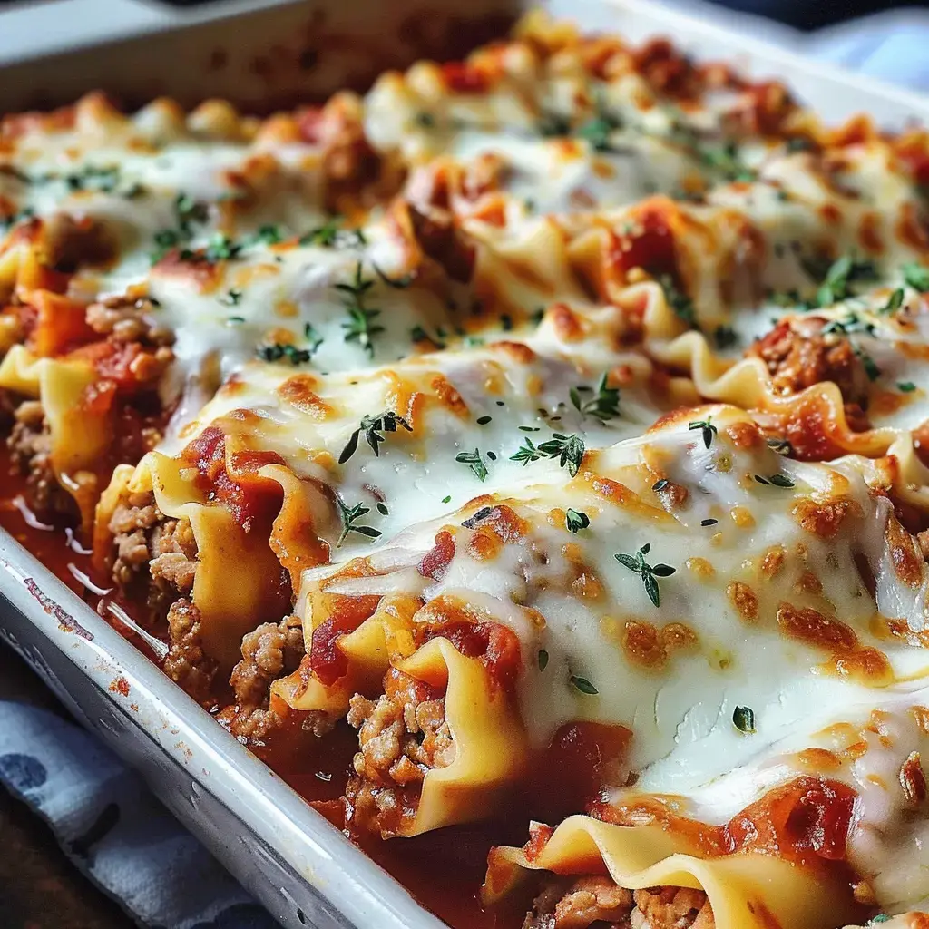 Gerollte Lasagne mit Hackfleisch und Käse, gebacken und mit frischem Thymian garniert.