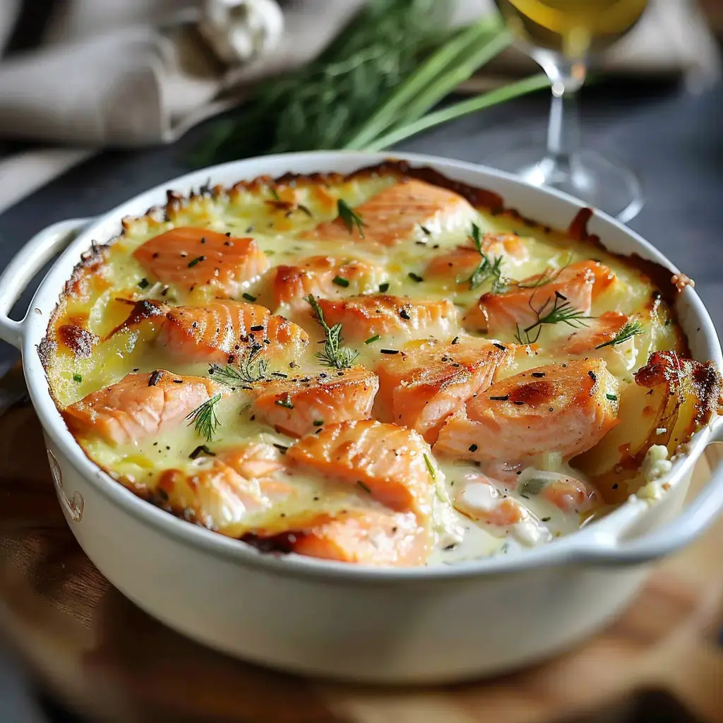 Ein frisch aus dem Ofen kommendes Gratin mit Lachs und Kartoffeln in einer Backform.