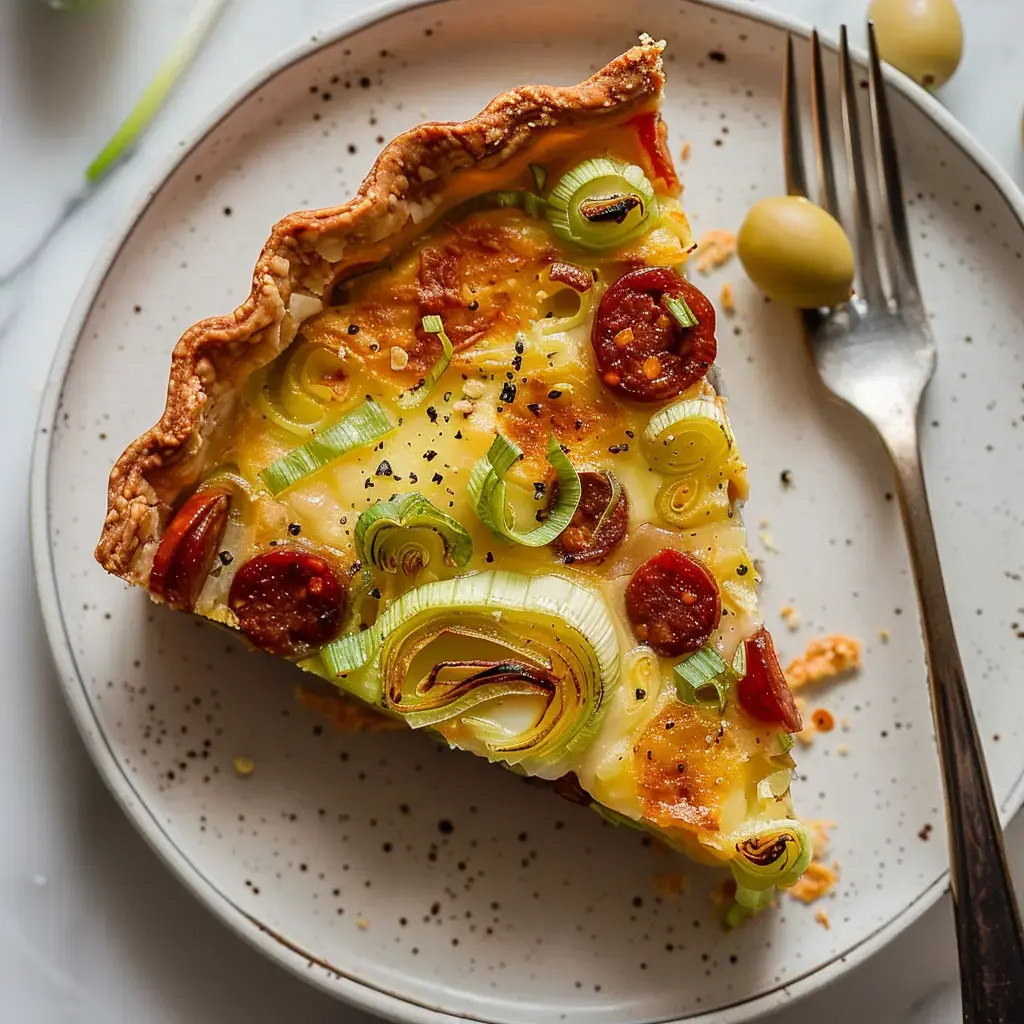 Ein Stück Quiche mit Porree und Salami auf einem Teller, daneben eine Gabel.