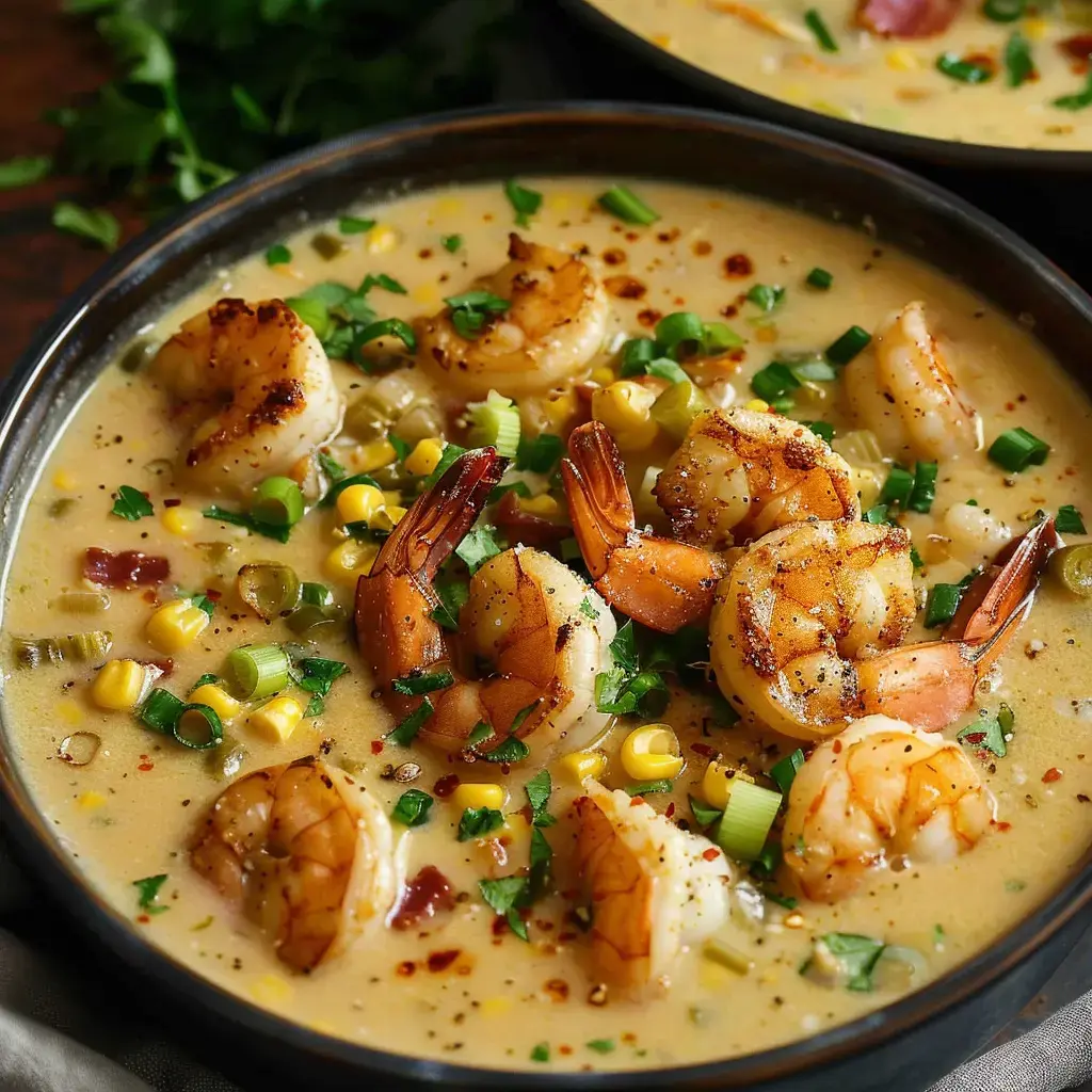 Eine Schüssel mit cremiger Crevetten-Suppe, dazu Mais, Frühlingszwiebeln und frische Kräuter.