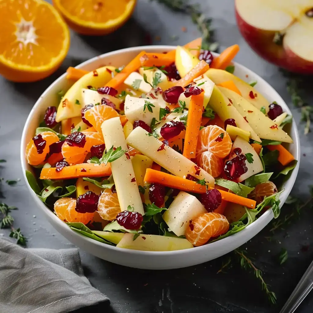 Ein bunter Obst- und Gemüsesalat mit Karotten, Äpfeln, Cranberrys und Mandarinen, angerichtet in einer weißen Schüssel.