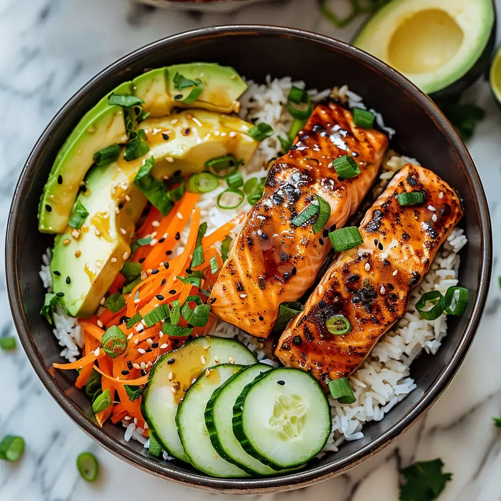 Schüssel mit Reis, gegrilltem Lachs, Avocado, Karotten, Gurken und Frühlingszwiebeln.