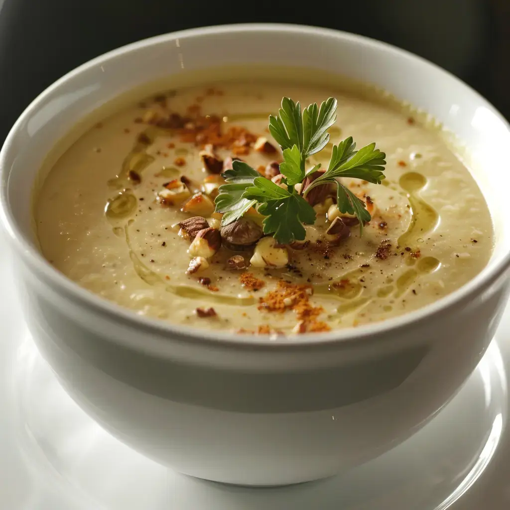 Eine Schale mit cremiger Suppe, dekoriert mit Nüssen, Olivenöl, Paprika und einem Blatt Petersilie.