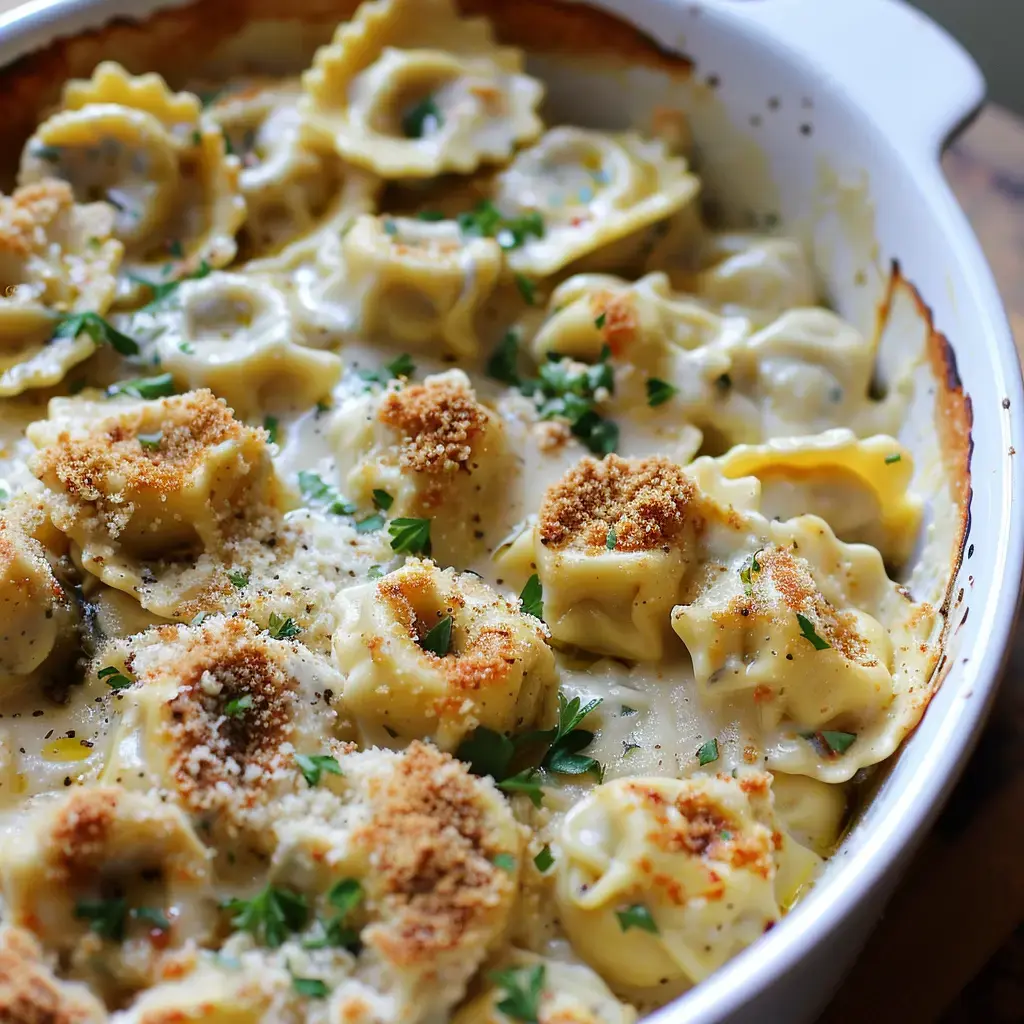 Ein Gratin aus Nudeln mit cremiger Sauce, bestreut mit Semmelbröseln und Petersilie.
