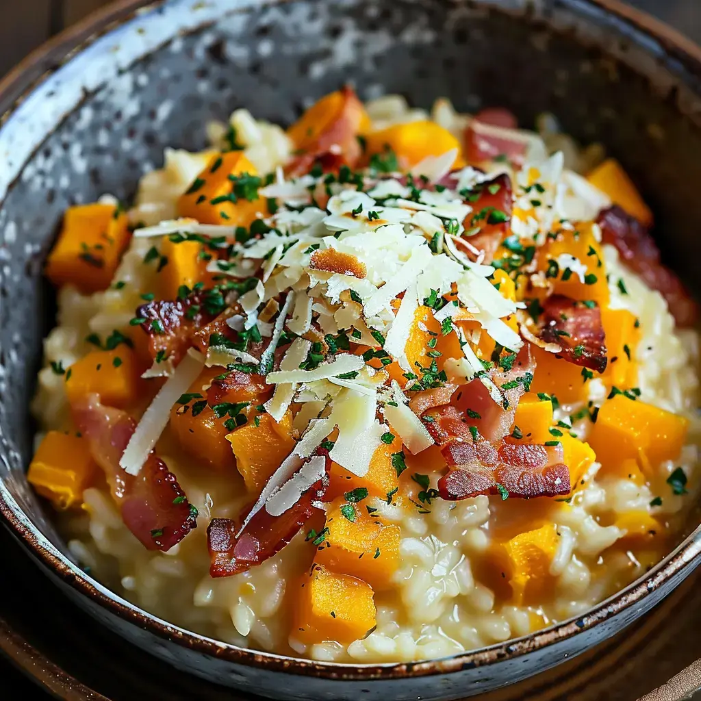 Eine Schale voll cremigem Risotto, garniert mit Kürbisstückchen, knusprigem Speck und geriebenem Käse.