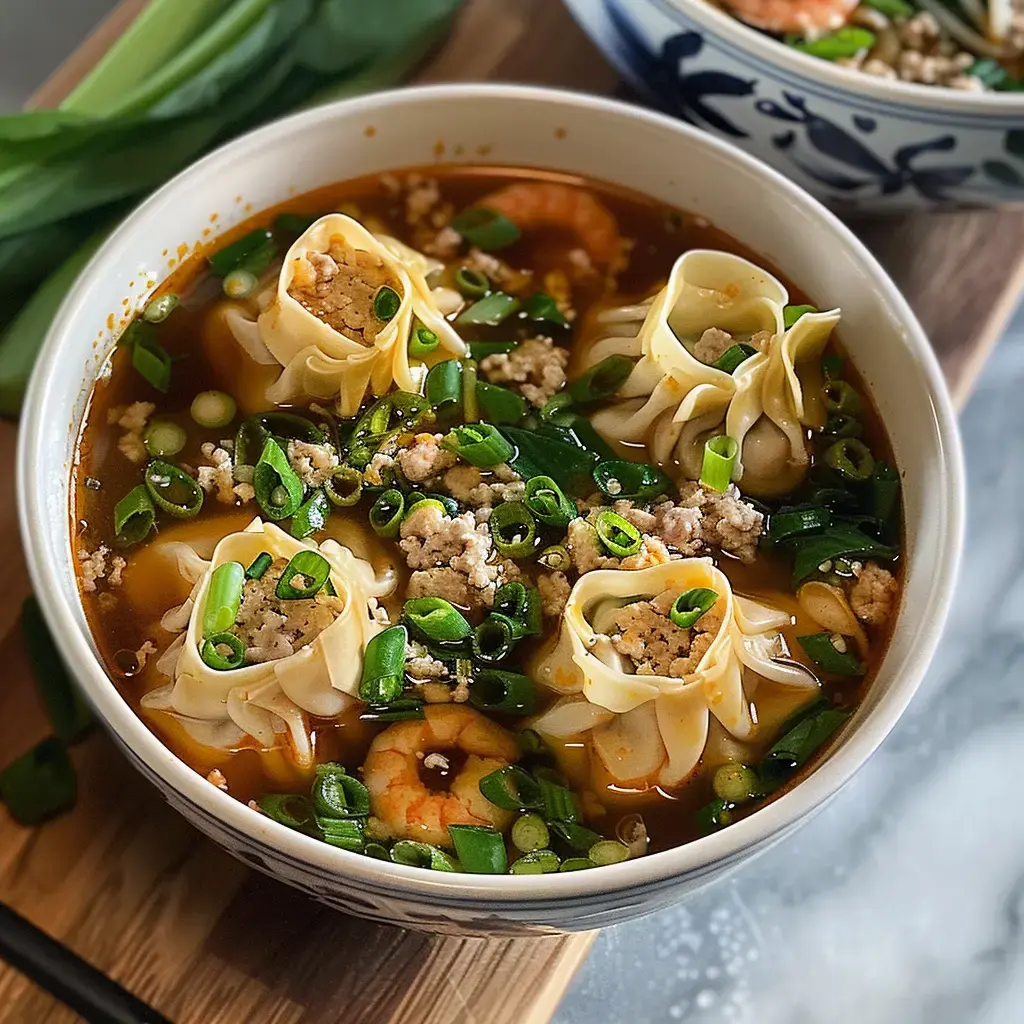 Schüssel mit Suppe gefüllt mit Teigtaschen, Garnelen und Frühlingszwiebeln.