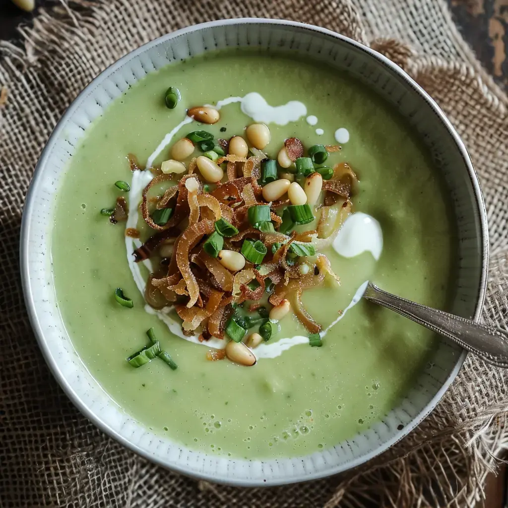 Eine grüne Suppe mit Schnittlauch, Pinienkernen und Röstzwiebeln, serviert in einer Schüssel.