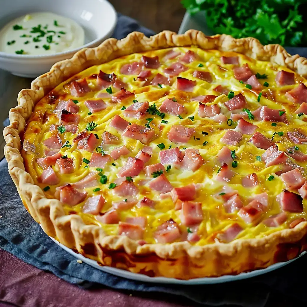 Herzhafte Tarte mit Schinkenwürfeln, Käse und grünem Garnitur, serviert mit weißer Sauce.