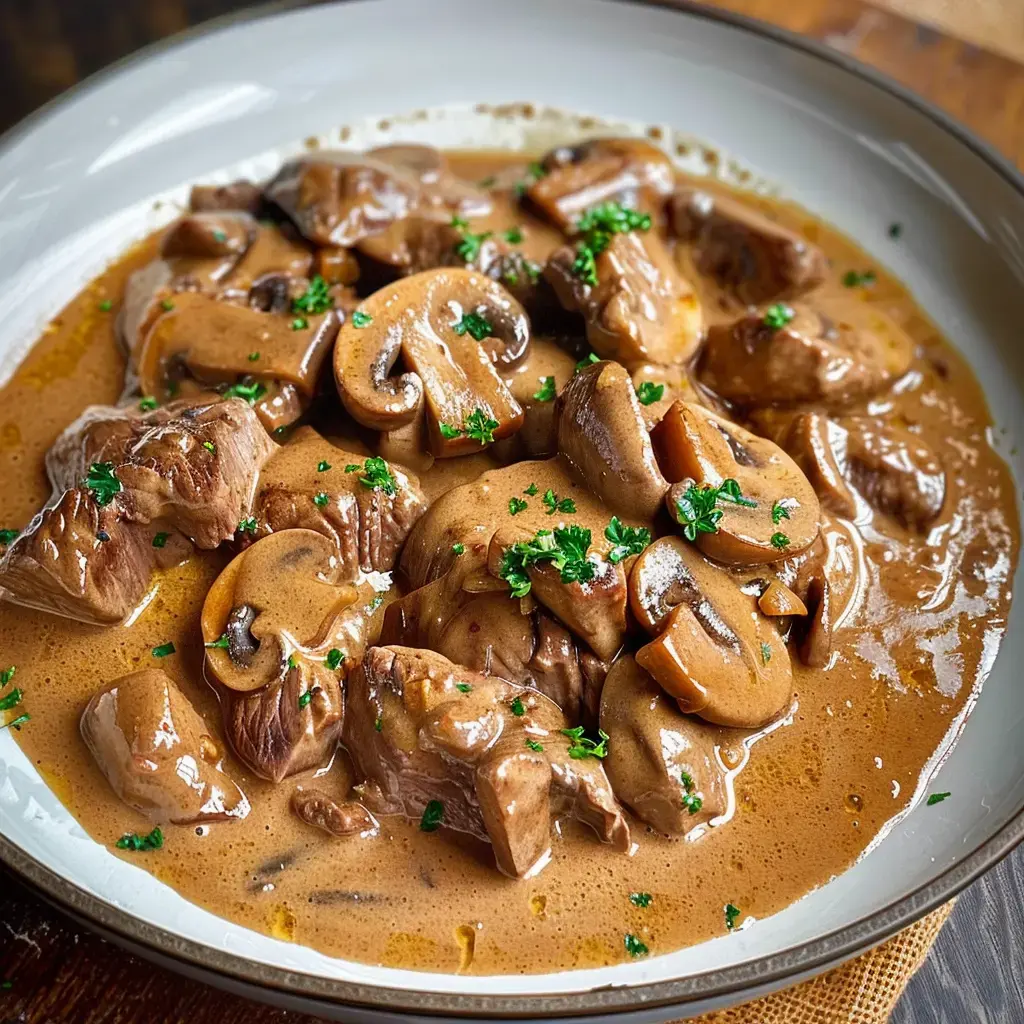 Zartes Rindfleisch mit Champignons in cremiger Sauce, garniert mit frischer Petersilie.