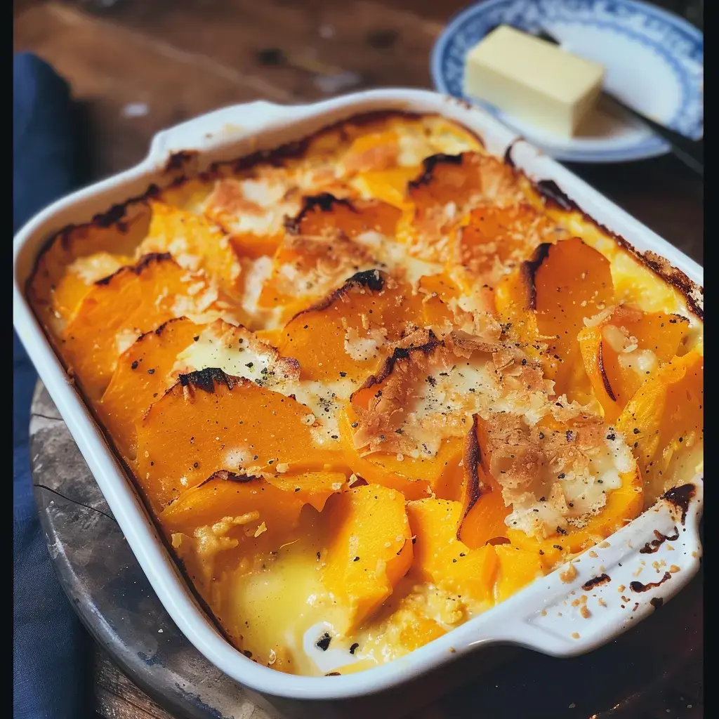 Ein goldbraun gebackenes Butternut Gratin, serviert mit einem Stück Butter daneben.