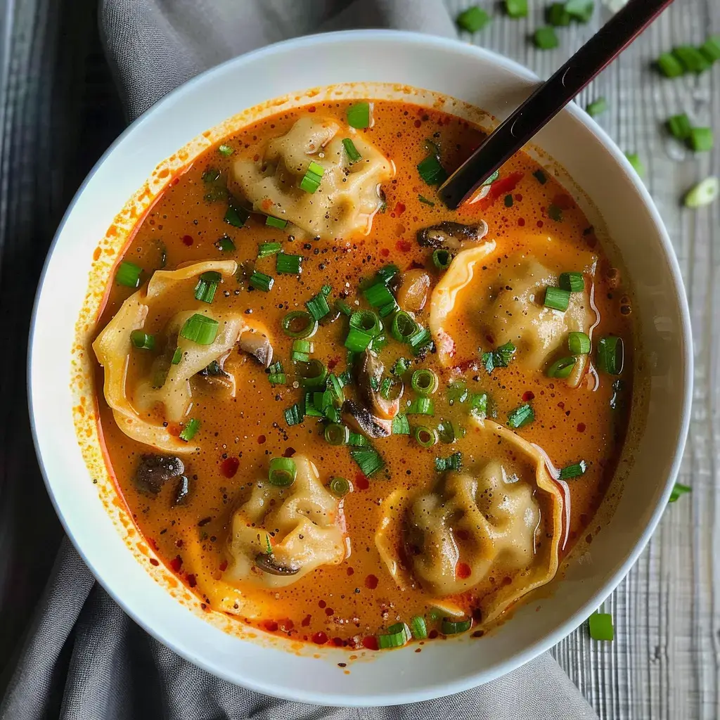 Schüssel mit cremiger Suppe, gefüllten Teigtaschen, gehackten Frühlingszwiebeln und Pilzen im würzigen Sud.