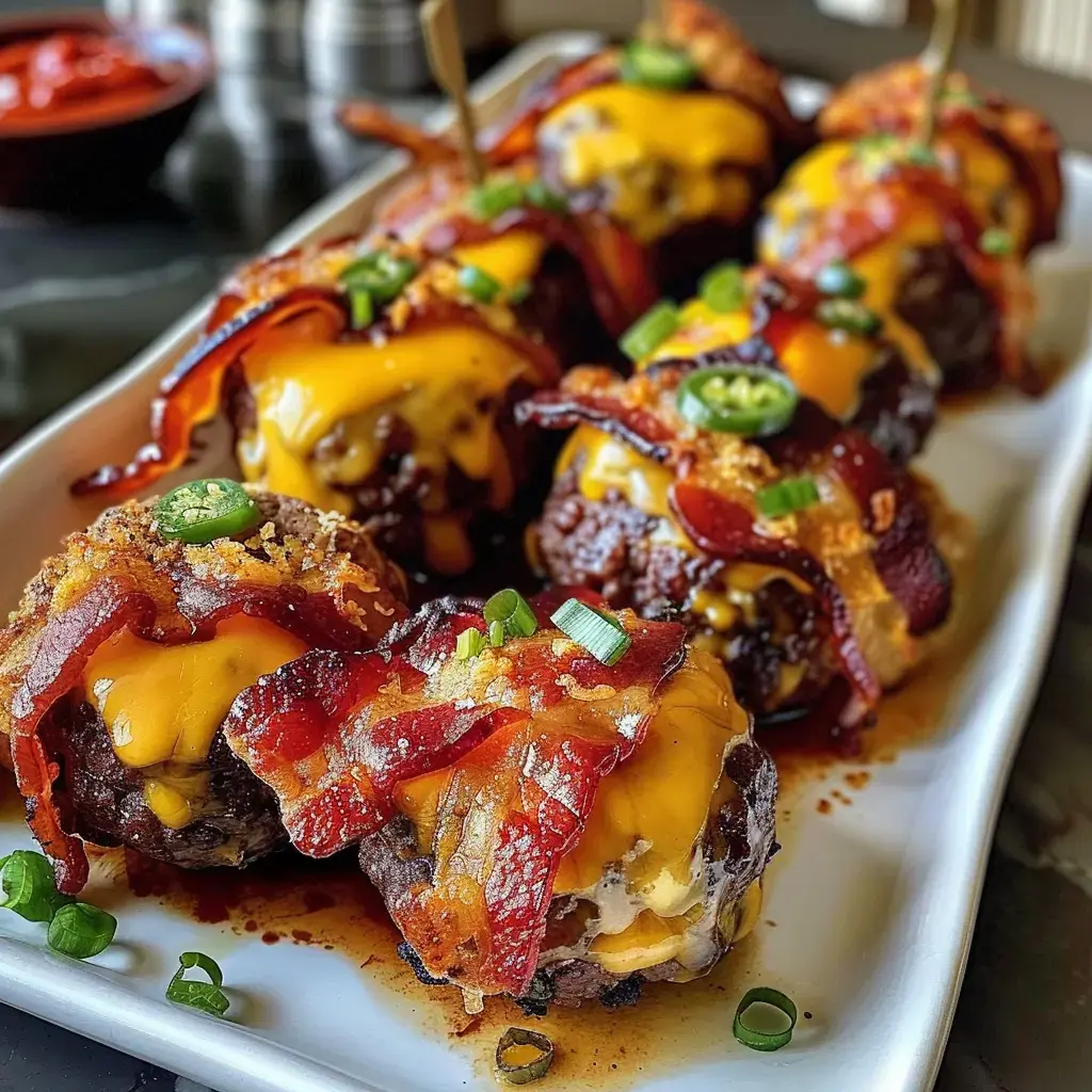 Hackfleischbällchen mit Cheddar gefüllt, umwickelt mit knusprigem Bacon, dekoriert mit frischen Kräutern und serviert auf einer Platte.