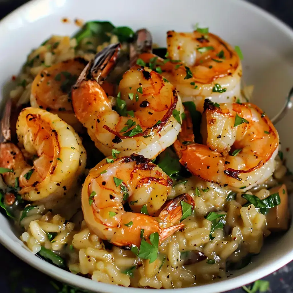Cremiges Risotto mit gegrillten Crevetten und frischen Kräutern garniert.
