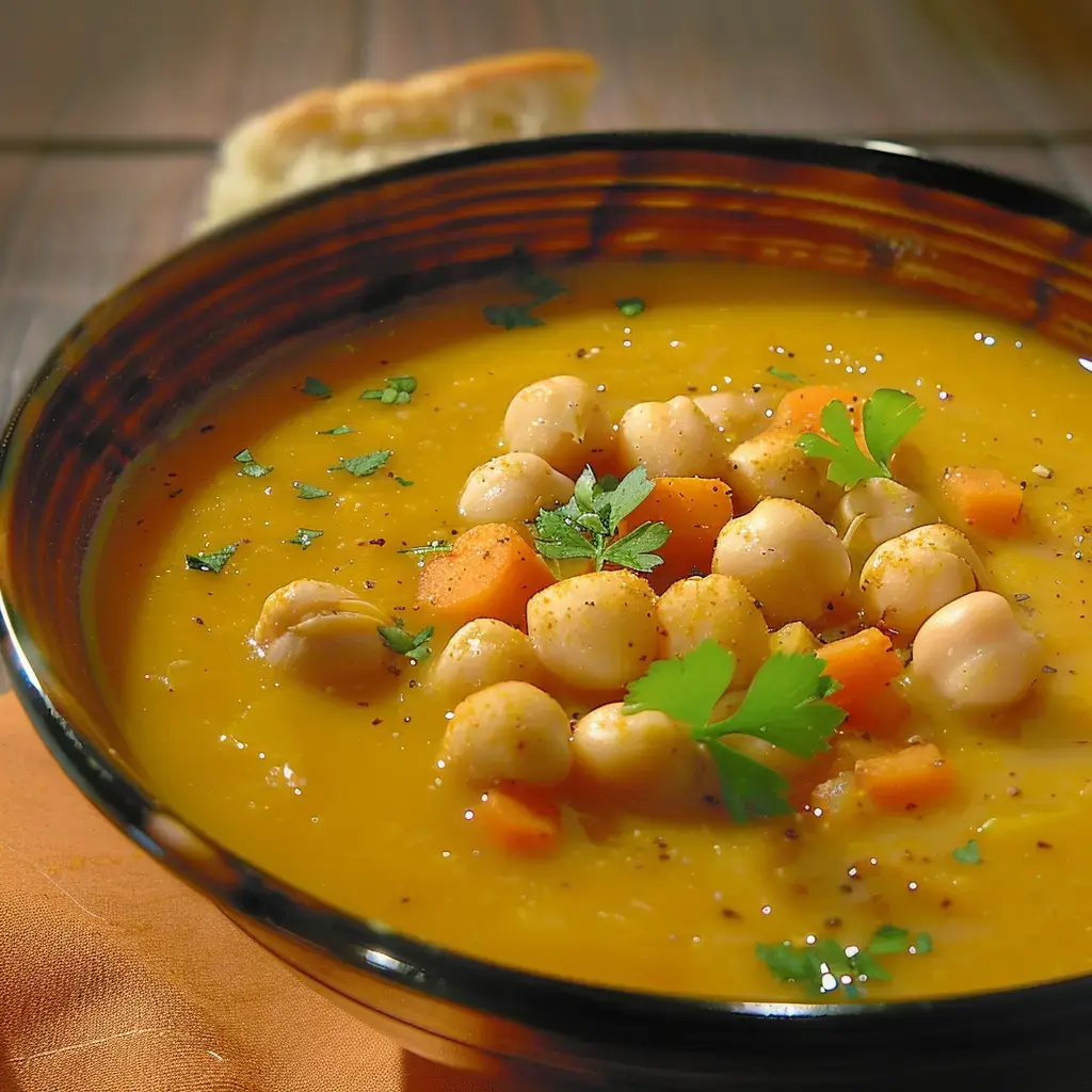 Eine cremige Suppe mit Kürbis, Kichererbsen, Karotten und frischer Petersilie in einer schwarzen Schüssel.