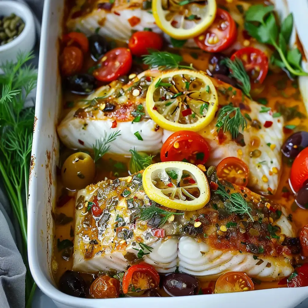 Fischfilets mit Zitronenscheiben, Tomaten und Kräutern in einer Auflaufform angerichtet.