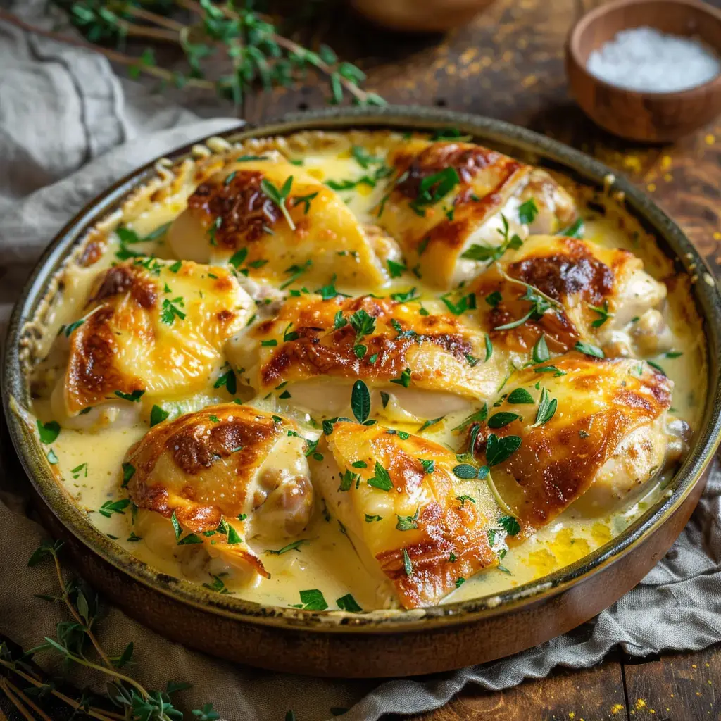 Ein Huhn-Gericht mit cremiger Soße, würziger Käsekruste, garniert mit frischer Petersilie, goldbraun gebacken.