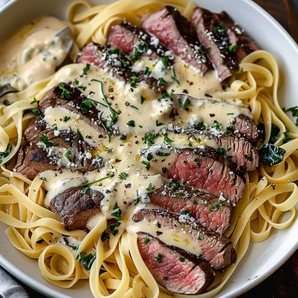 Ein Teller mit Fettuccine, saftigen Steakstreifen und einer cremigen Sauce, garniert mit frischer Petersilie.