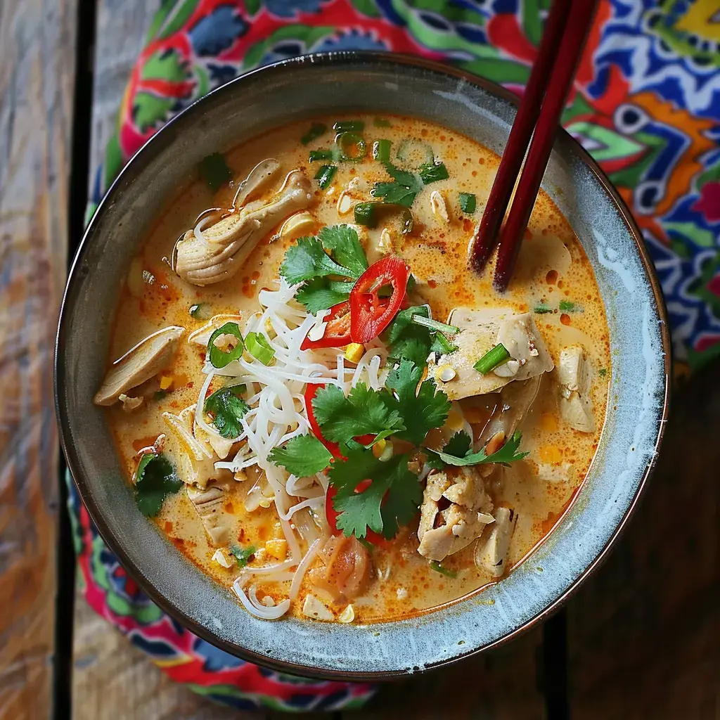 Eine Schüssel cremiger Suppe mit Huhn, Nudeln, frischen Kräutern und roten Chilischoten auf einer farbenfrohen Tischdecke.