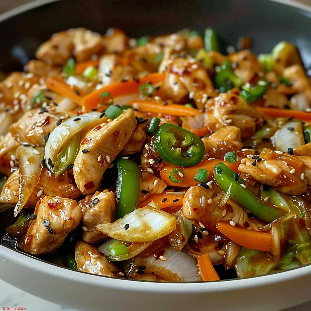 Eine Schüssel mit sautiertem Poulet und buntem Gemüse, verfeinert mit Sesam und Sauce.