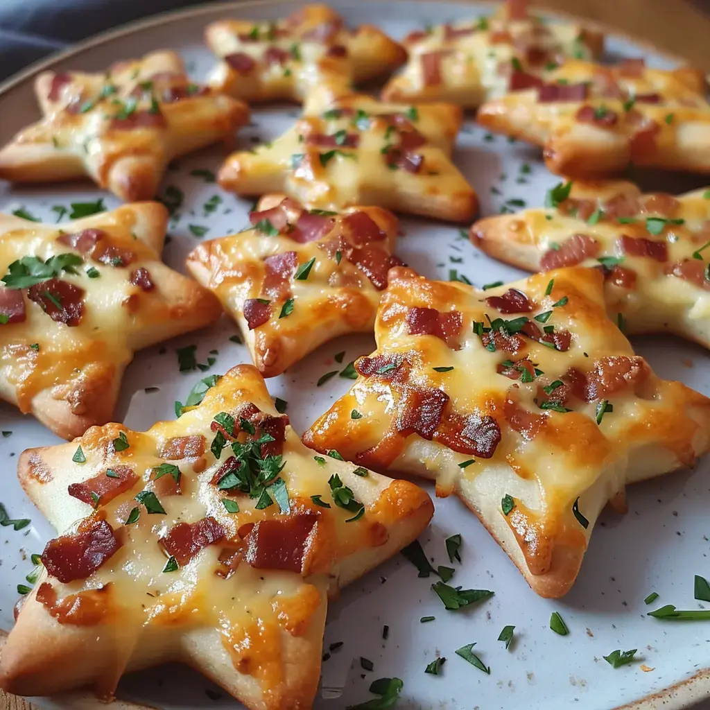 Knusprige Sterne mit cremigem Belag, Käse und Speckstückchen, verfeinert mit Petersilie.
