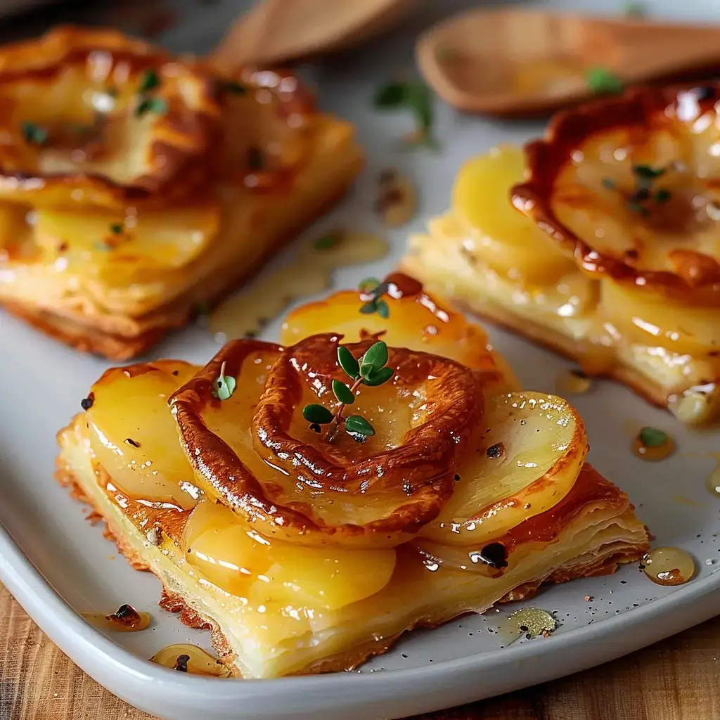 Blätterteig-Tartes mit goldbraunen Kartoffeln und frischen Kräutern auf einem Teller.