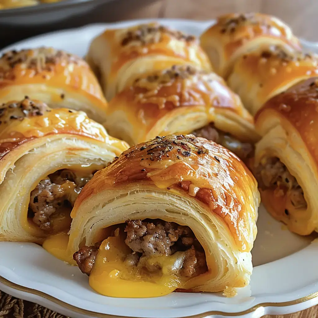 Goldbraune Blätterteig-Rouladen, gefüllt mit würziger Wurst und geschmolzenem Käse.