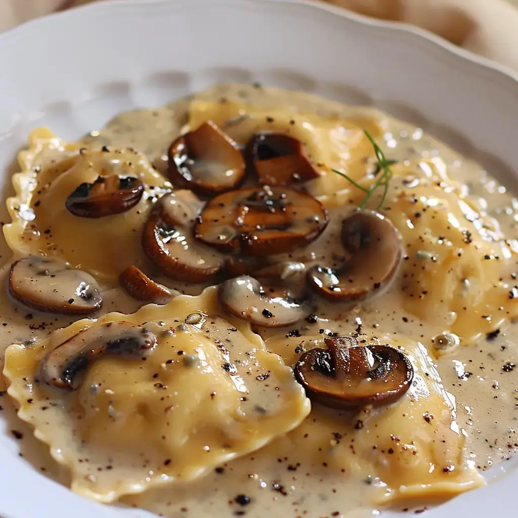 Köstliche Ravioli in einer cremigen Sauce, garniert mit sautierten Pilzen.