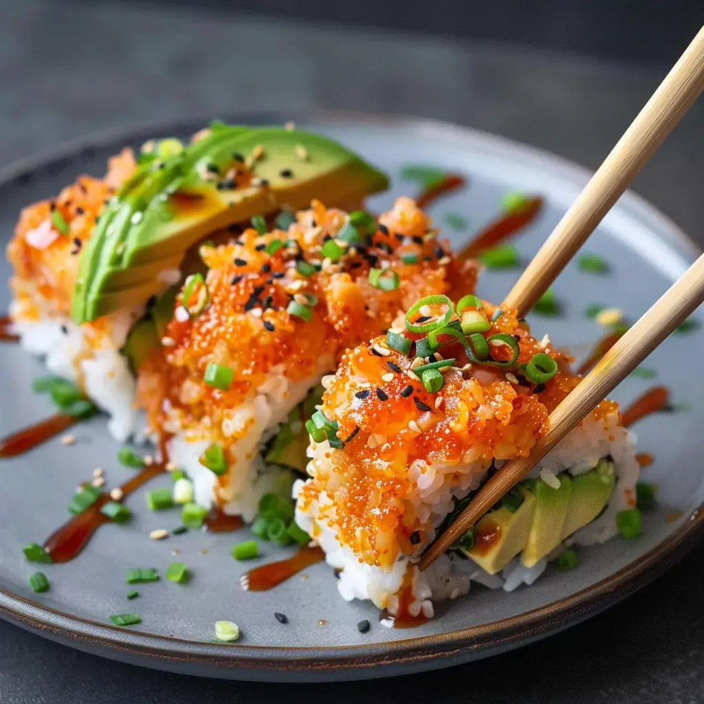 Sushi mit Avocado, Frühlingszwiebeln und Lachs, angerichtet auf einem grauen Teller.