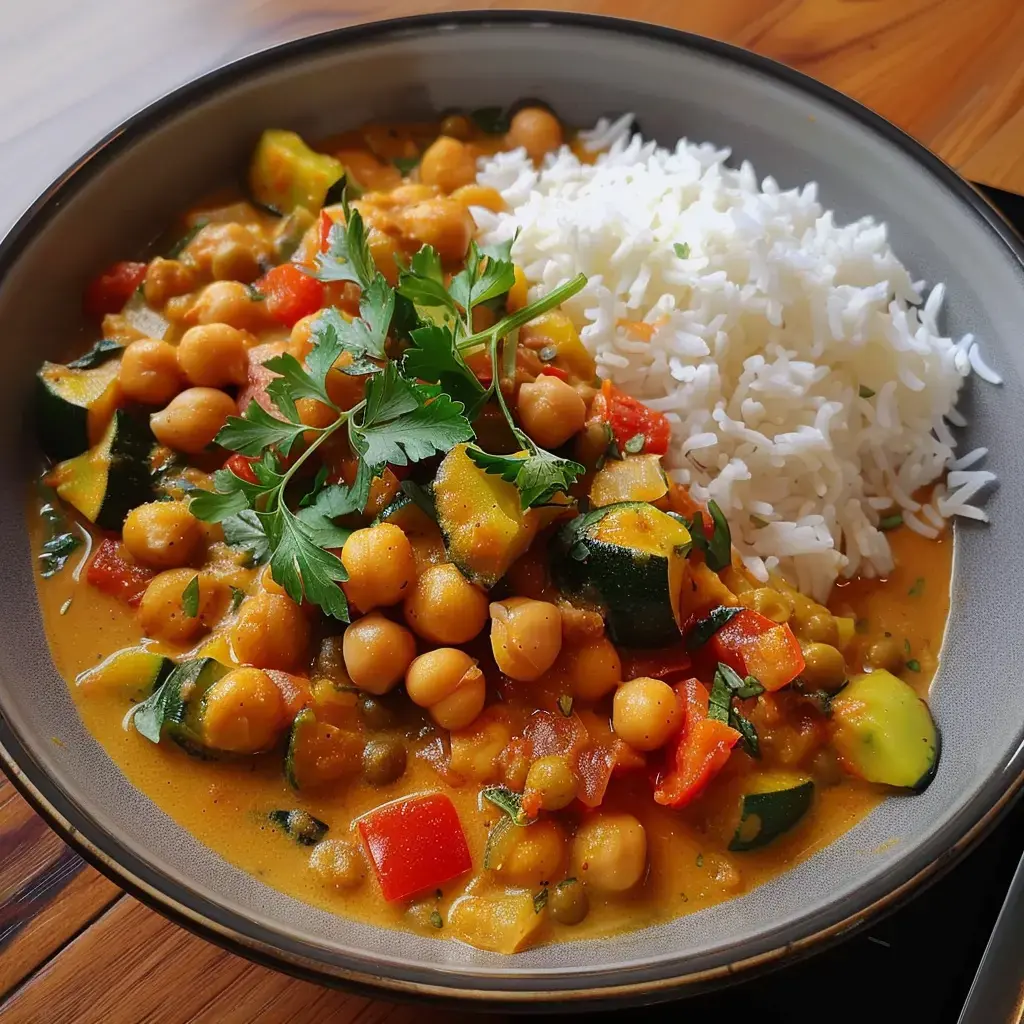Eine Schüssel Kichererbsen-Curry mit Gemüse, dazu weißer Reis und frischer Koriander.