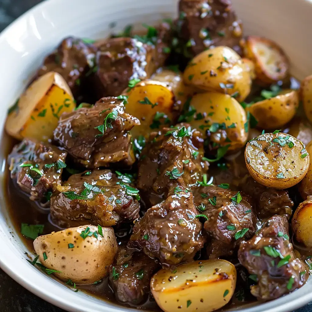 Ein Teller mit butterzartem Fleisch, Kartoffeln und einer Prise Petersilie.
