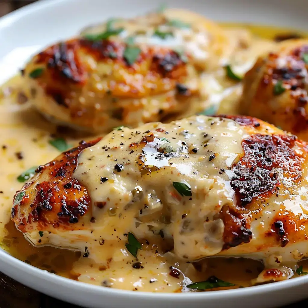 Ein Teller Poulet mit cremiger Sauce und frischen Kräutern serviert.