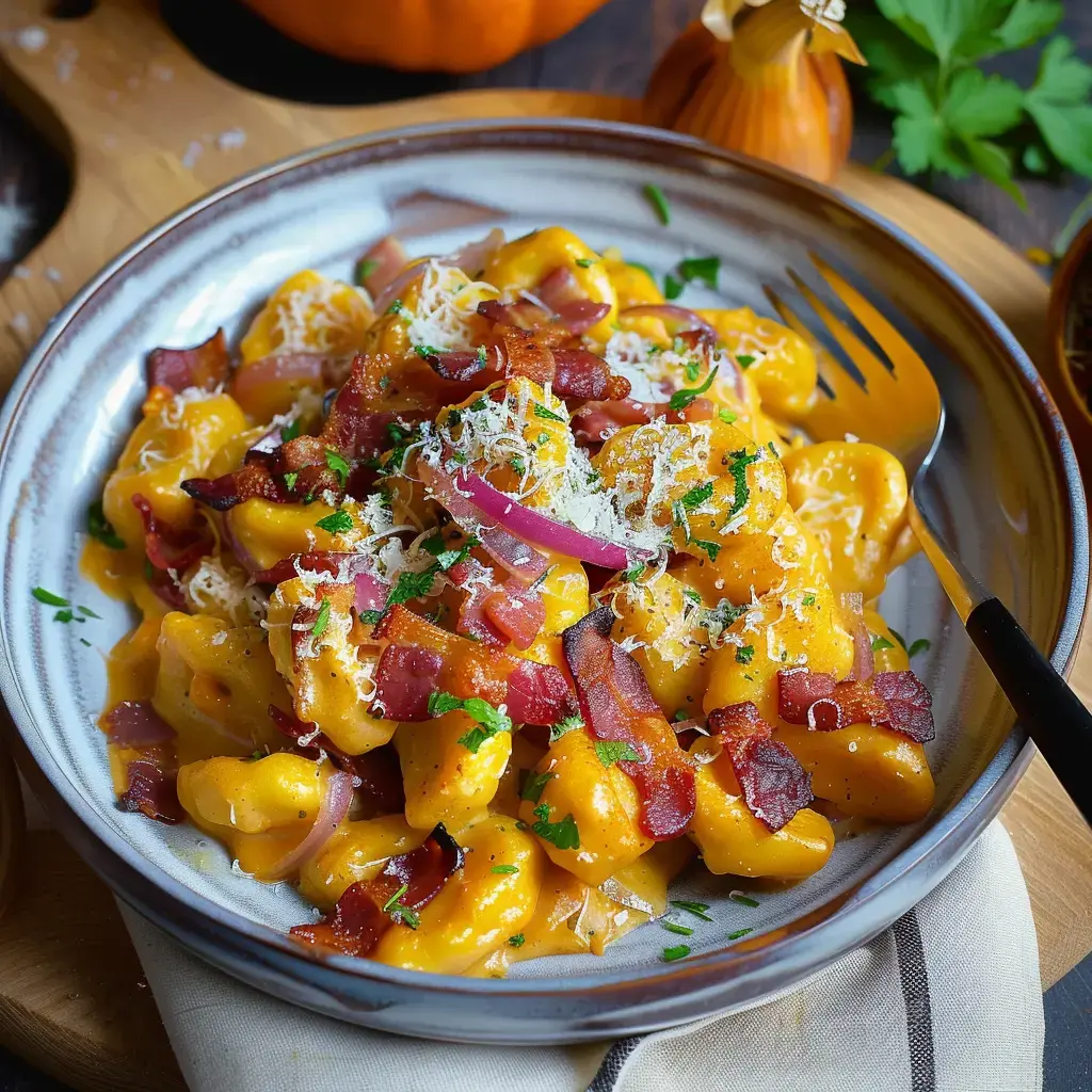 Ein Teller Gnocchi mit orangefarbener Sauce, knusprigem Bacon, roten Zwiebeln und Parmesan auf dekorativem Geschirr serviert.